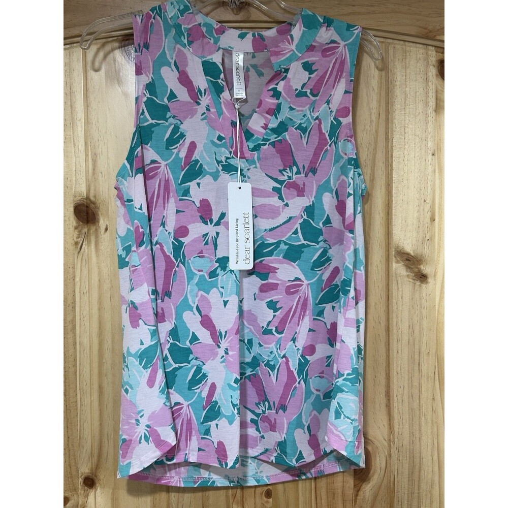 Dear Scarlett Sleeveless Tank V Neck Pink Mint Floral Wrinkle Free Small NWT